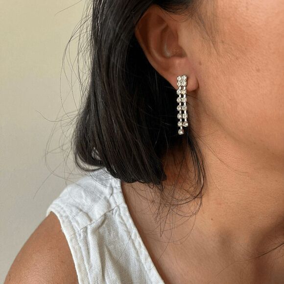 vtg 60s rhinestone pierced dangle earrings shiny delicate feminine romantic glam - Picture 3 of 7